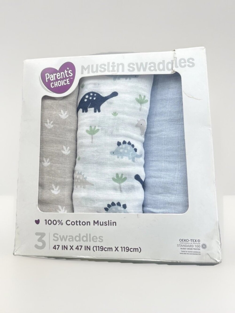 Parent's Choice 3 Muslin Swaddles Dinosaur Theme 47" x 47" Cotton Baby Boy New